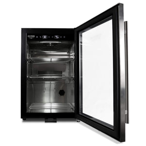 Reserve 50 dry aging cabinet with door open showing the LED-lit stainless steel interior with two meat hooks and two product shelves for charcuterie and dry-aged beef