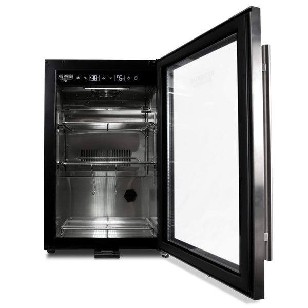 Reserve 50 dry aging cabinet with door open showing the LED-lit stainless steel interior with two meat hooks and two product shelves for charcuterie and dry-aged beef