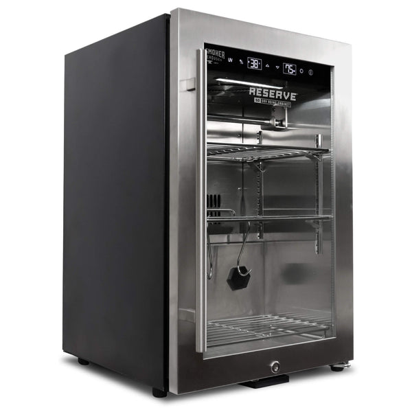Reserve 50 dry aging cabinet — right side profile with compressor cooling and stainless steel construction for home dry aging