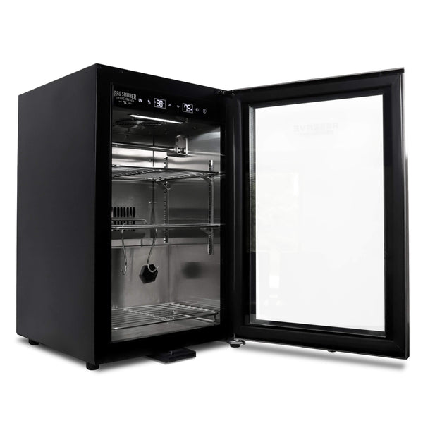 Reserve 50 home dry aging cabinet — angled interior view showing Bacteria Defense UV lighting, meat hooks, and product shelves for aging charcuterie, primal cuts, and cheese