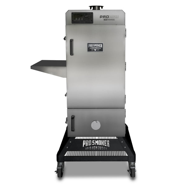 PS Seasoning Pro Max 100 S commercial-grade electric vertical smoker by Pro Smoker — 100 lb capacity, 304 stainless steel, separate fuel door, Wi-Fi/Bluetooth digital controls — designed and built in the USA for serious home enthusiasts