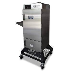 Pro Smoker Max 100 S electric vertical smoker — left side view showing 304 stainless steel exterior, elevated caster base, and Wi-Fi/Bluetooth digital control panel