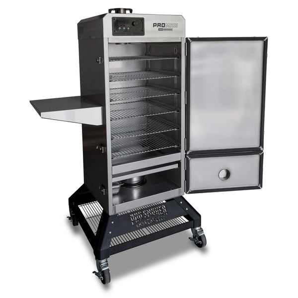 Pro Max 100 S electric vertical smoker with door open showing the interior — six removable product shelves and 100 lb capacity for sausage, jerky, and BBQ
