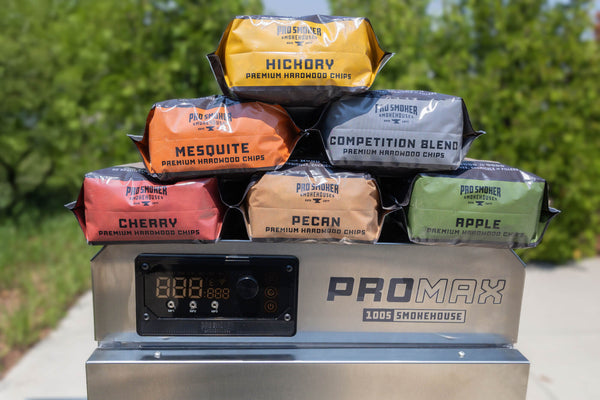 PS Seasoning Pro Smoker premium smoking wood chips  stacked on a Pro Max 100 S electric smoker