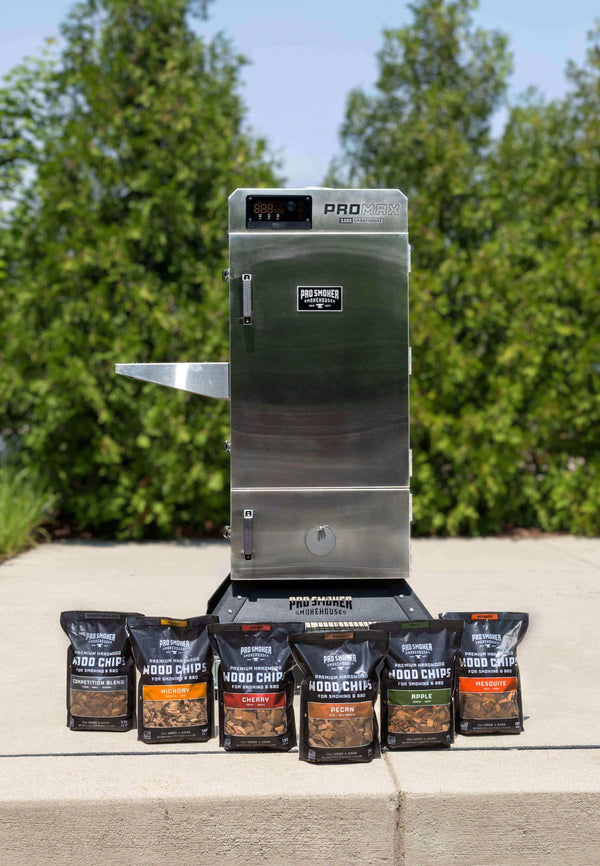 PS Seasoning Pro Smoker premium smoking wood chips — Apple, Hickory, Cherry, and Competition Blend - with a Pro Max 100 S electric smoker