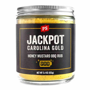 PS Seasoning Jackpot Honey Mustard Rub — Carolina Gold BBQ rub for pork shoulder, pulled pork, and grilled chicken in glass jar