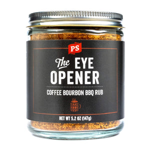 PS Seasoning The Eye Opener Coffee Bourbon BBQ Rub — smoky coffee and bourbon rub for brisket, beef ribs, and pork shoulder in glass jar