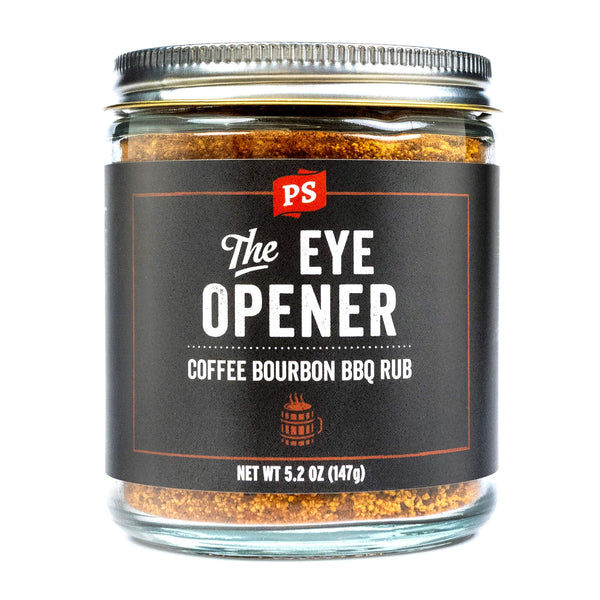 PS Seasoning The Eye Opener Coffee Bourbon BBQ Rub — smoky coffee and bourbon rub for brisket, beef ribs, and pork shoulder in glass jar