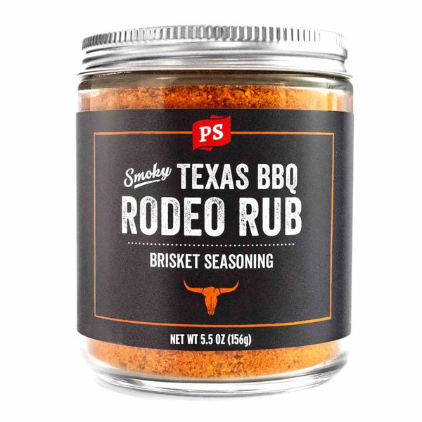 PS Seasoning Rodeo Rub Texas Brisket Rub — Texas-style BBQ dry rub with brown sugar and hickory smoke for smoked brisket, beef ribs, and steaks
