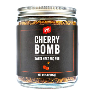 PS Seasoning Cherry Bomb Sweet Heat BBQ Rub — cherry chipotle BBQ rub for ribs, pork shoulder, and BBQ chicken in glass jar