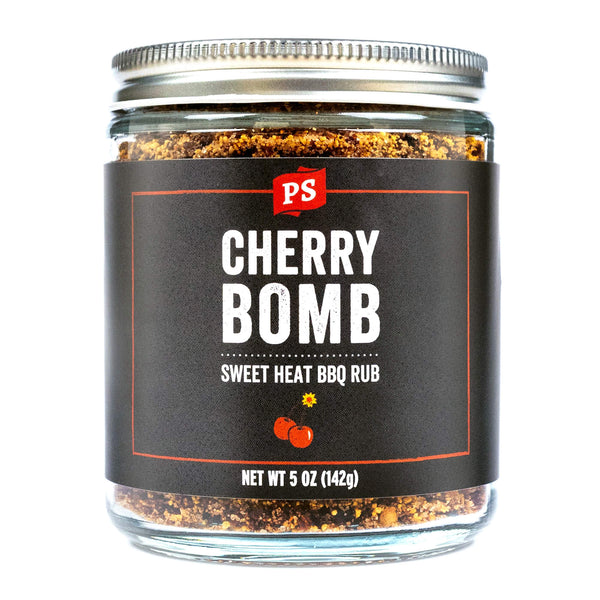 PS Seasoning Cherry Bomb Sweet Heat BBQ Rub — cherry chipotle BBQ rub for ribs, pork shoulder, and BBQ chicken in glass jar