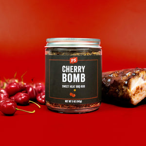 Cherry Bomb BBQ Rub with cherries and ribs