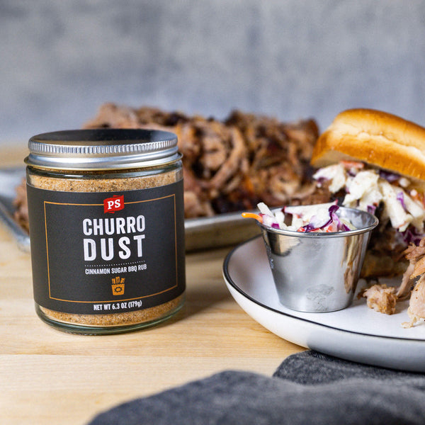 Churro Dust – Cinnamon Sugar BBQ Rub with pulled pork sandwich
