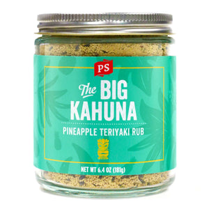 PS Seasoning Big Kahuna Pineapple Teriyaki Rub — Hawaiian-style sweet-tangy BBQ rub for chicken, pork, and salmon in glass jar