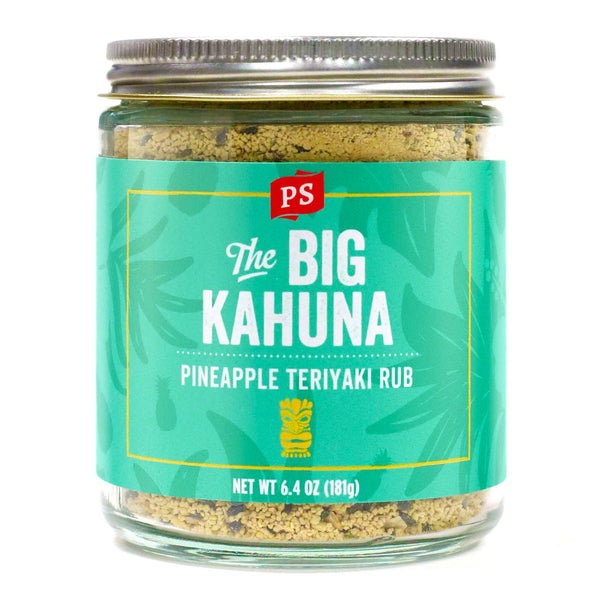 PS Seasoning Big Kahuna Pineapple Teriyaki Rub — Hawaiian-style sweet-tangy BBQ rub for chicken, pork, and salmon in glass jar