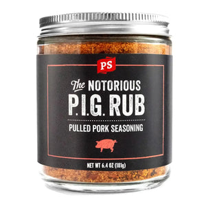 PS Seasoning Notorious P.I.G. Pulled Pork Rub — sweet-heat pork shoulder and rib seasoning with brown sugar and chipotle in glass ja