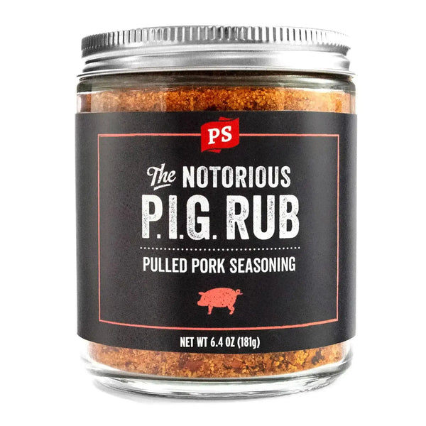 PS Seasoning Notorious P.I.G. Pulled Pork Rub — sweet-heat pork shoulder and rib seasoning with brown sugar and chipotle in glass ja