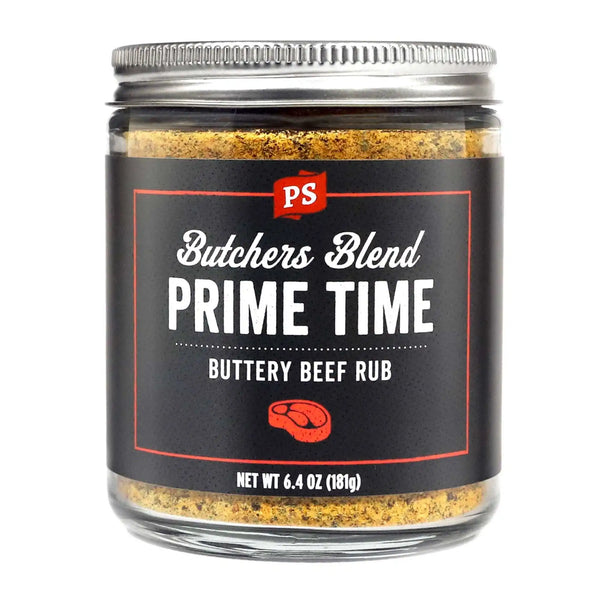 PS Seasoning Prime Time Buttery Beef Rub — butcher-style beef seasoning for steaks, prime rib, and burgers in glass jar