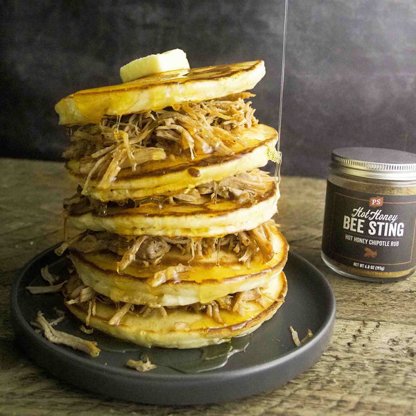 Bee Sting - Hot Honey Chipotle BBQ Rub jar with food