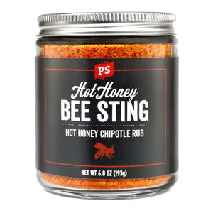 PS Seasoning Bee Sting Hot Honey Chipotle BBQ Rub — sweet-heat hot honey rub for pork tenderloin, ribs, and BBQ chicken in glass jar