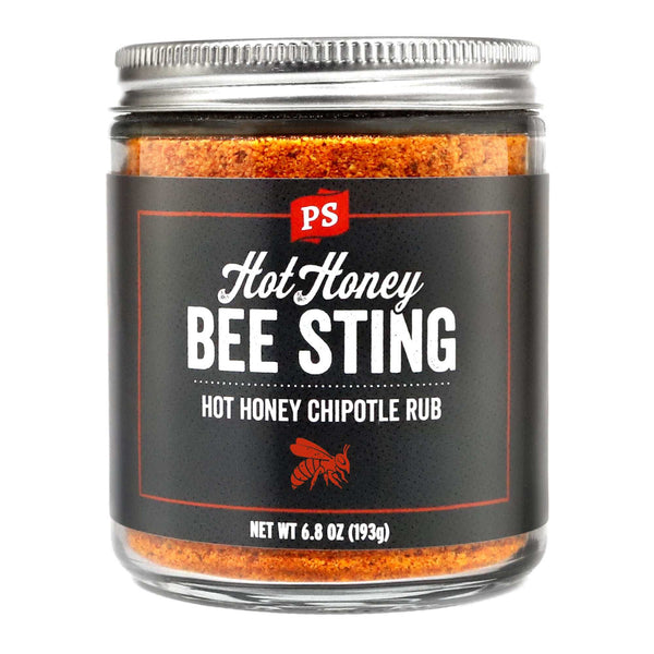 PS Seasoning Bee Sting Hot Honey Chipotle BBQ Rub — sweet-heat hot honey rub for pork tenderloin, ribs, and BBQ chicken in glass jar