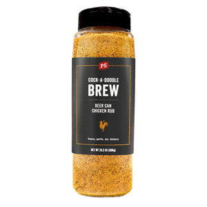PS Seasoning Cock-A-Doodle Brew Beer Can Chicken Rub — honey ale chicken seasoning for whole roasted chicken, beer can chicken, and dry rub wings in large bottle