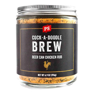 PS Seasoning Cock-A-Doodle Brew Beer Can Chicken Rub — honey ale chicken seasoning for whole roasted chicken, beer can chicken, and dry rub wings in glass jar