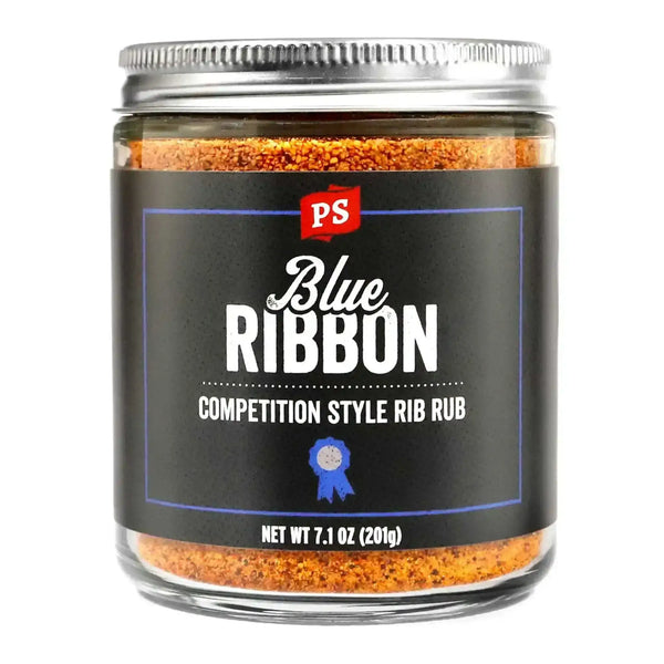 PS Seasoning Blue Ribbon Competition-Style BBQ Rib Rub — KC-style sweet-smoky dry rub for baby back ribs, pork chops, and BBQ chicken in glass jar