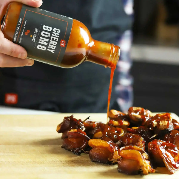 Cherry Bomb - Cherry Chipotle BBQ Sauce drizzled on bacon wrapped shrimp