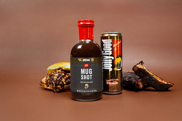 Mug Shot – Root Beer BBQ Sauce with a can of Jolly Good root beer and pulled pork sandwich