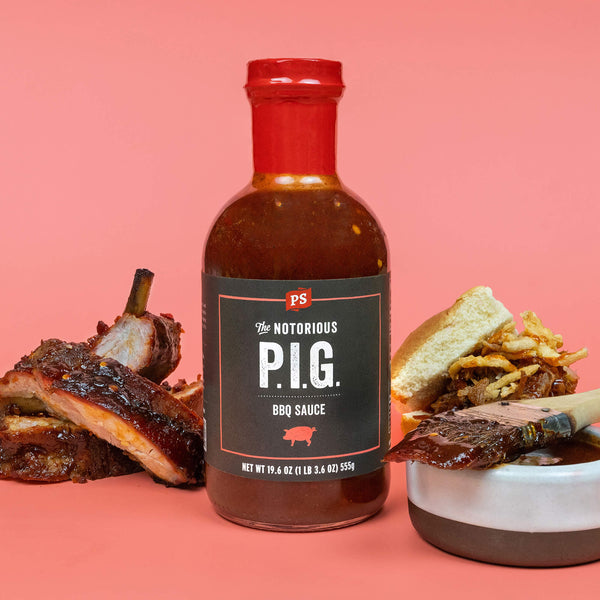 Notorious P.I.G. - Pulled Pork BBQ Sauce with ribs and a sandwich
