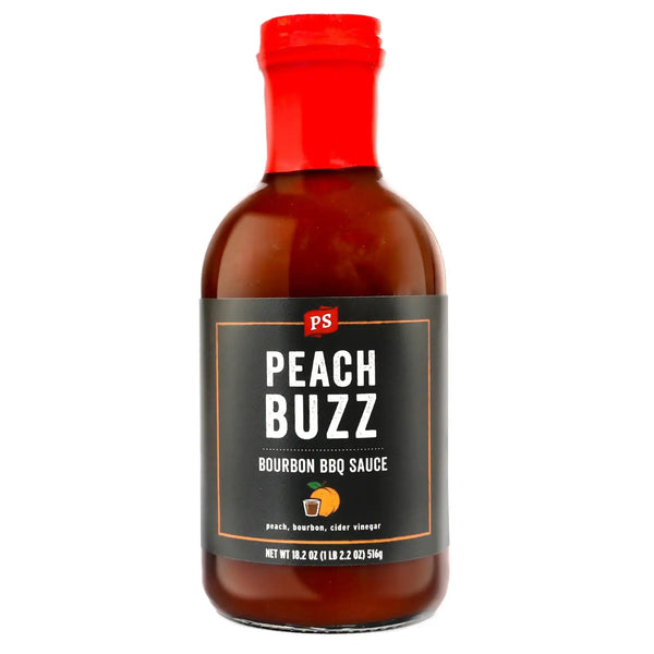 PS Seasoning Peach Buzz Bourbon BBQ Sauce — boozy-sweet bourbon peach BBQ sauce for pork chops, ribs, and BBQ chicken