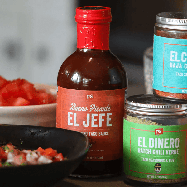 El Jefe Sauce, El Dinero Rub, El Capitan Rub - taco flavors from PS Seasoning