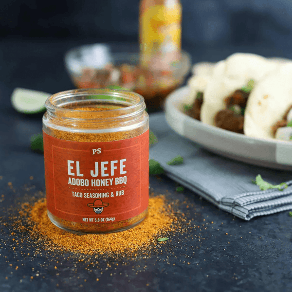 El jefe seasoning in glass jar with tacos - PS Seasoning