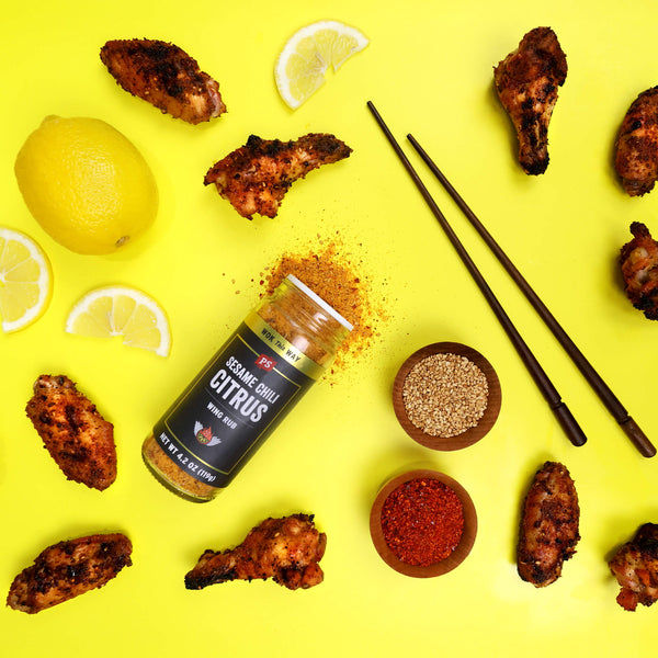 Sesame Chili Citrus Wing Rub with chicken wings and legs