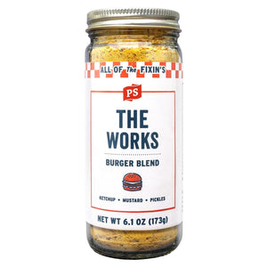 PS Seasoning The Works Everything but the Burger Seasoning — complete burger blend with built-in ketchup, mustard, pickle, cheese, bacon, and onion flavors