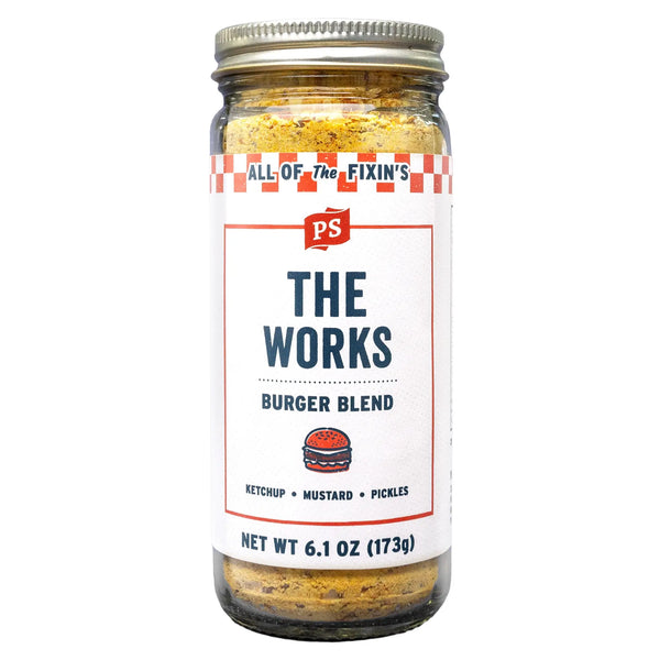 PS Seasoning The Works Everything but the Burger Seasoning — complete burger blend with built-in ketchup, mustard, pickle, cheese, bacon, and onion flavors