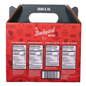 PS Seasoning The Backyard BBQ Box — BBQ rub and sauce gift set with Notorious P.I.G., Cock-A-Doodle Brew, Blue Ribbon, and Memphis King back label