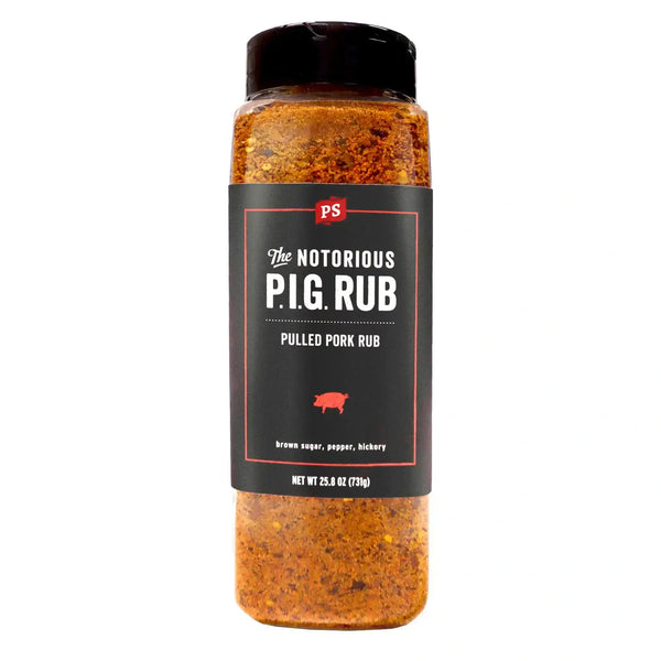 PS Seasoning Notorious P.I.G. Pulled Pork Rub — sweet-heat pork shoulder and rib seasoning with brown sugar and chipotle in shaker bottle

