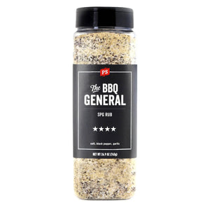PS Seasoning The BBQ General SPG Seasoning Rub — all-purpose salt, pepper, and garlic seasoning for steaks, brisket, and burgers in large shaker size