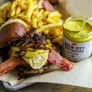 Brew City Jalapeno Beer Mustard with burger