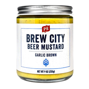 PS Seasoning Brew City Jalapeno Beer Mustard — spicy German ale mustard with jalapeños for brats, hot dogs, and pretzels