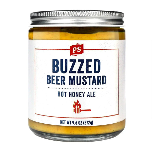 PS Seasoning Buzzed Hot Honey Ale Mustard — sweet-spicy hot honey ale mustard for pretzels, brats, and charcuterie