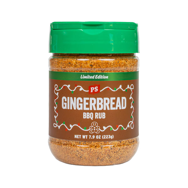 PS Seasoning Gingerbread Limited Edition BBQ Rub — holiday-spiced BBQ rub with brown sugar, molasses, and gingerbread spices for smoked ribs and glazed ham