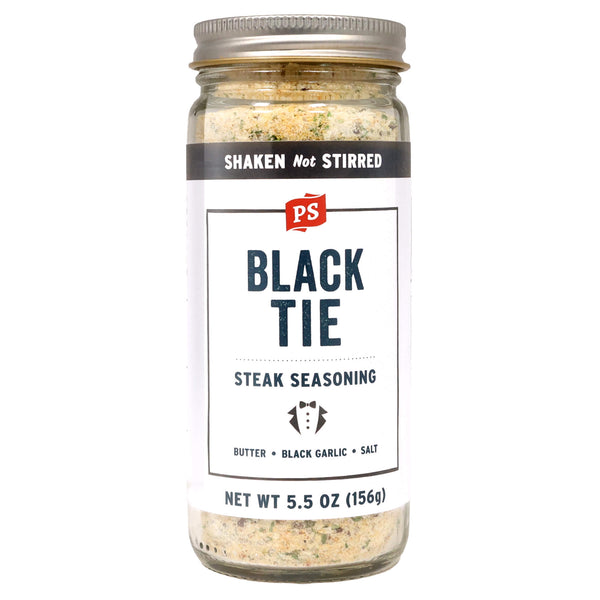 PS Seasoning Black Tie Steak Seasoning — premium steakhouse-style steak rub for ribeye, NY strip, and filet mignon in shaker bottle