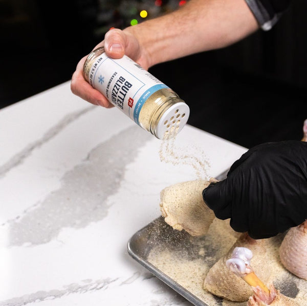 Butter Blizzard Seasoning Blend on chicken legs