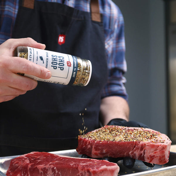 Chop Shop Steak Seasoning on thick steaks