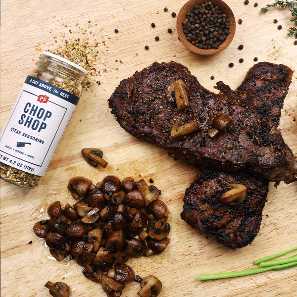 Chop Shop Steak Seasoning with steak and mushrooms