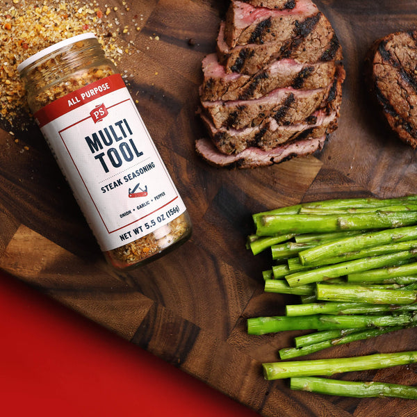 Multi-Tool Steak Seasoning with steak and vegetables