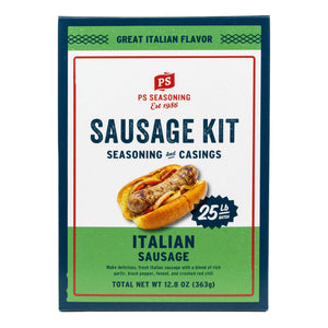 PS Seasoning Italian Sausage Kit packaging box for Italian Sausage, featuring a white center label with a green top and bottom band, a photo of a sausage in a bun, and a 25 lb guarantee badge.
